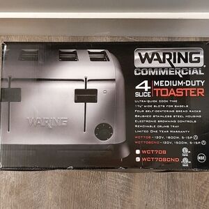 Waring WCT708CND 4 Slot Medium Duty Pop-Up Toaster 120v Brushed Stainless NEW